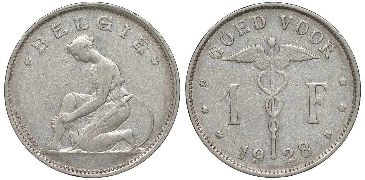 Бельгия 1 франк 1928 Belgie KM 90 никель 51-1743