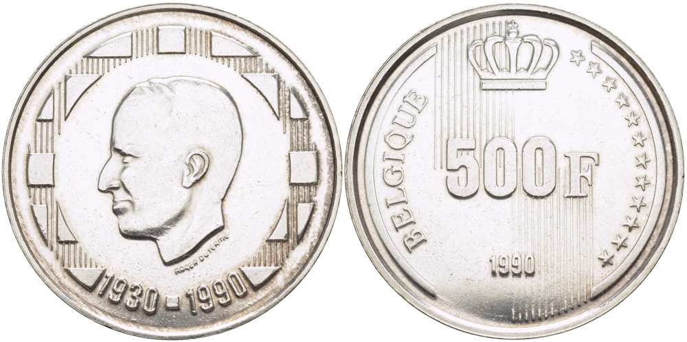 Бельгия 500 франков 1990 Belgique, 60 лет королю Бодуэну I KM 179 серебро 1519-131