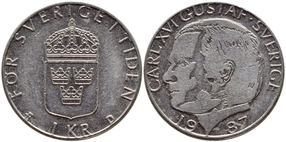 Швеция 1 крона 1987 Карл XVI Густав (1973- ) KM 852a медно-никель 4397-1211
