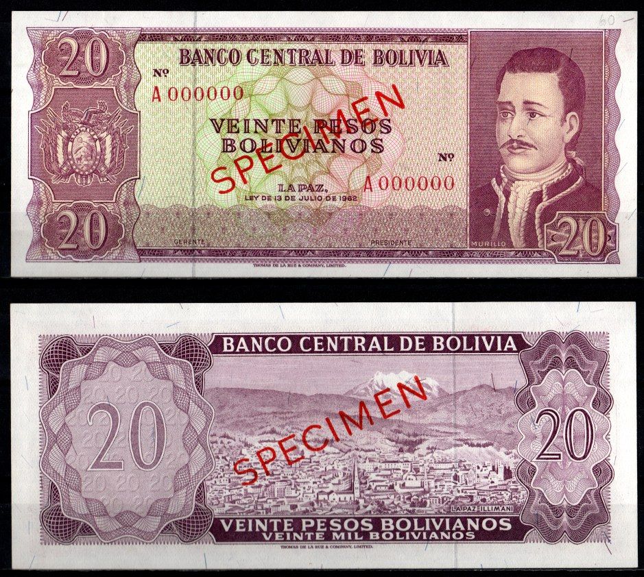 Боливия 20 боливиано 1962 SPECIMEN - образец, Педро Доминго Мурильо Pick 155 s бумага UNC (пресс) 451-1208-1