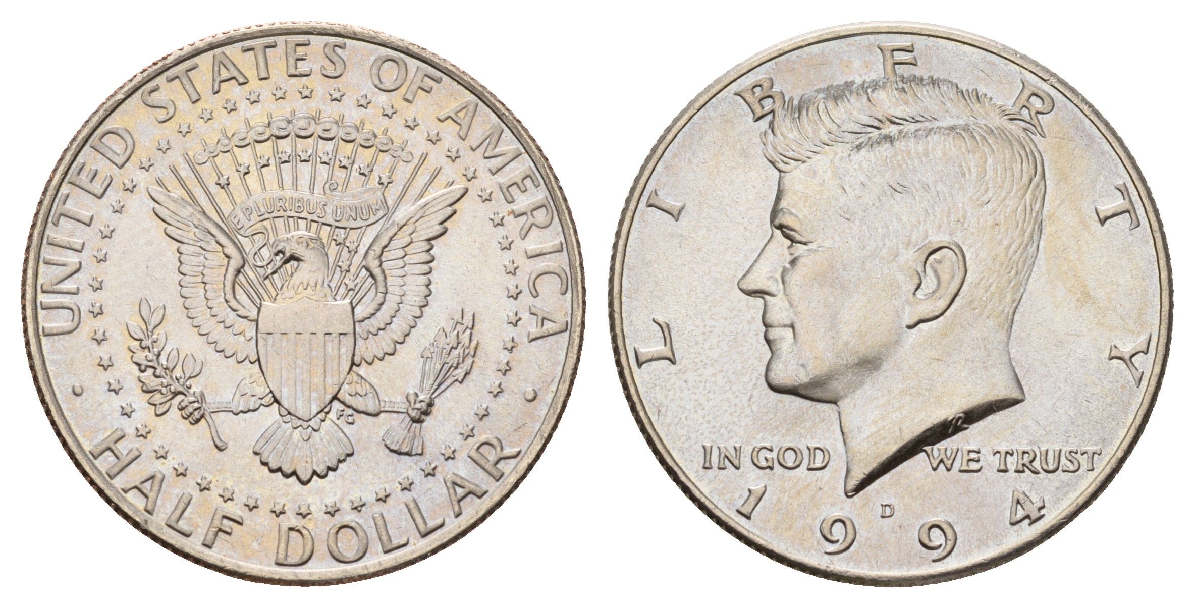 США 1/2 доллара (50 центов) 1994 D, Джон Кеннеди KM A202b медь плакированная медно-никелем UNC 4672-714