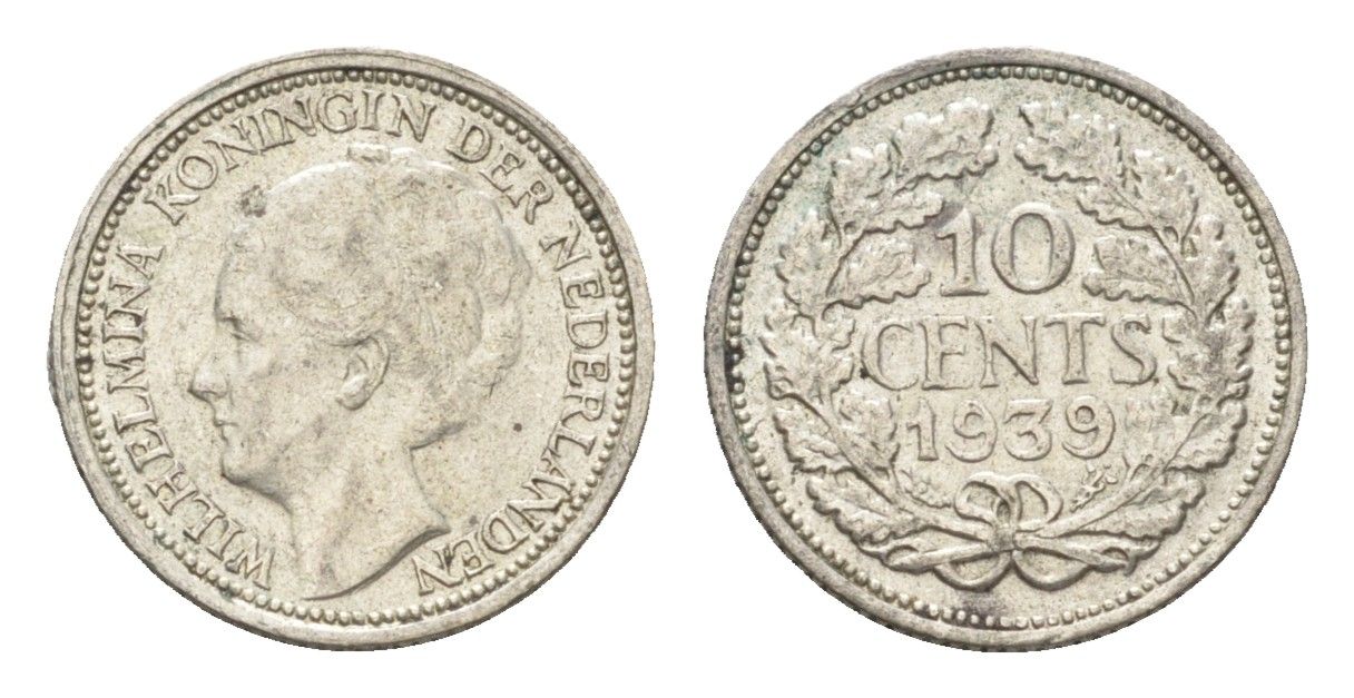 Нидерланды 10 центов 1939 Вильгельмина I (1890-1948) KM 163 серебро 4659-1164