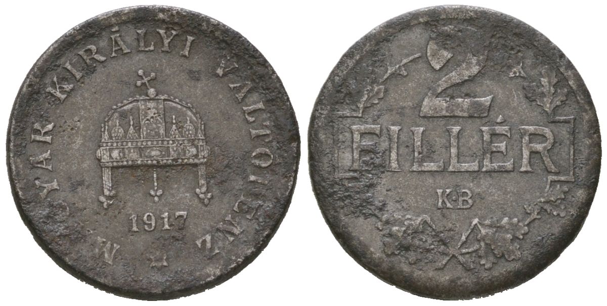 Венгрия 2 филлера 1917 KB, Карл I (1916-1918) KM 497 железо 4615-445