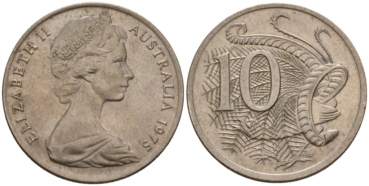 Австралия 10 центов 1975 Елизавета II (1952-), птица лирахвост KM 65 медно-никель 4601-752