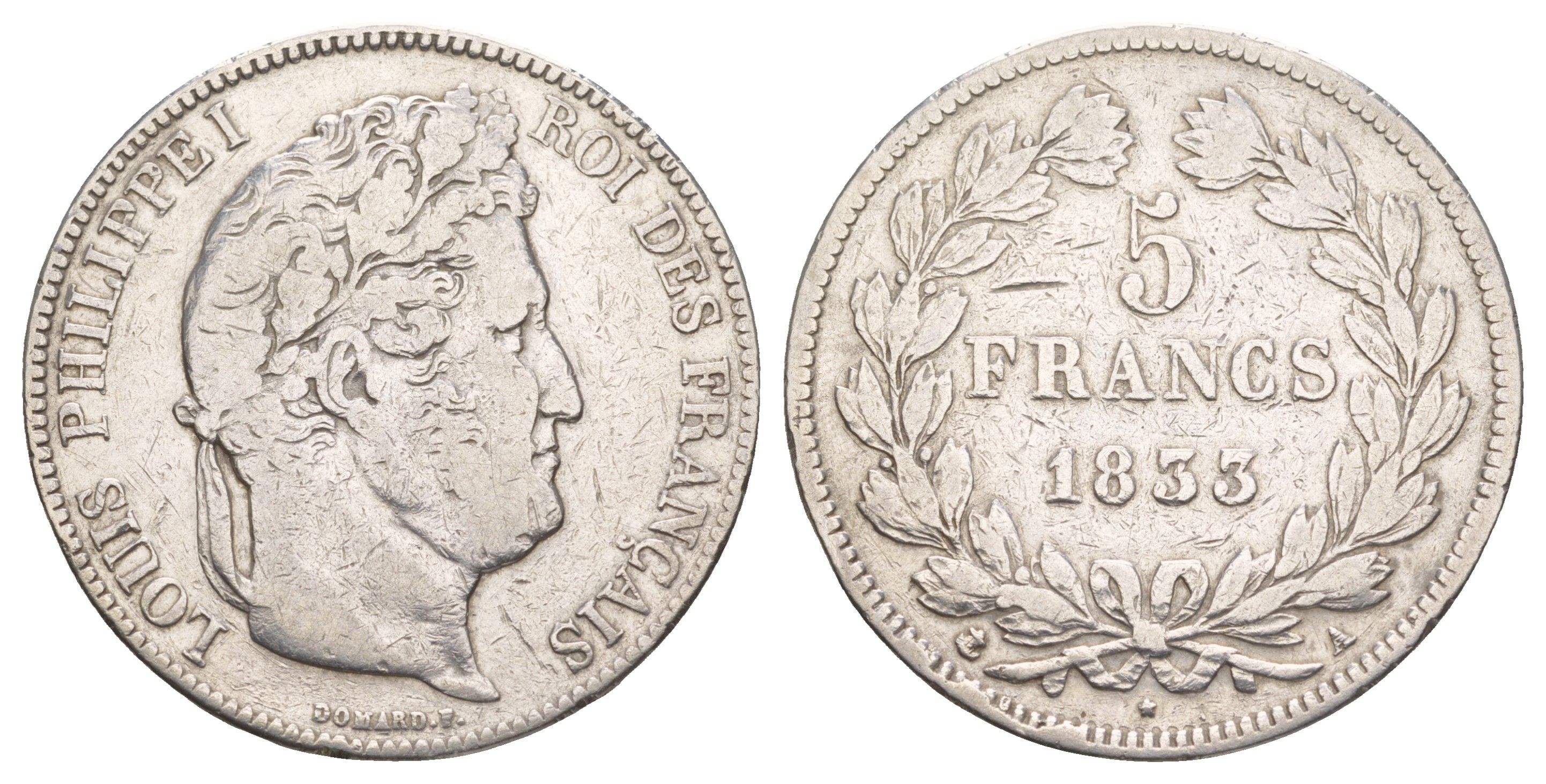 Франция 5 франков 1833 A, Луи-Филипп I (1830-1848) KM 749.1 серебро 1520-914