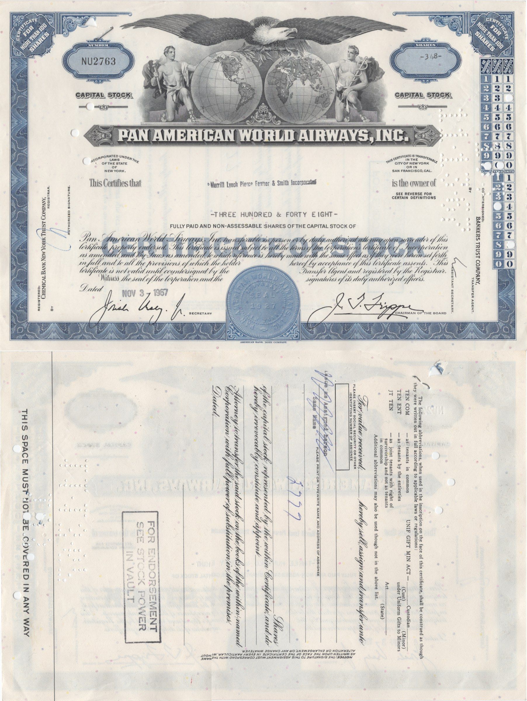США, Pan American World Airways сертификат на 100 акций 1967 бумага 5553-22-2