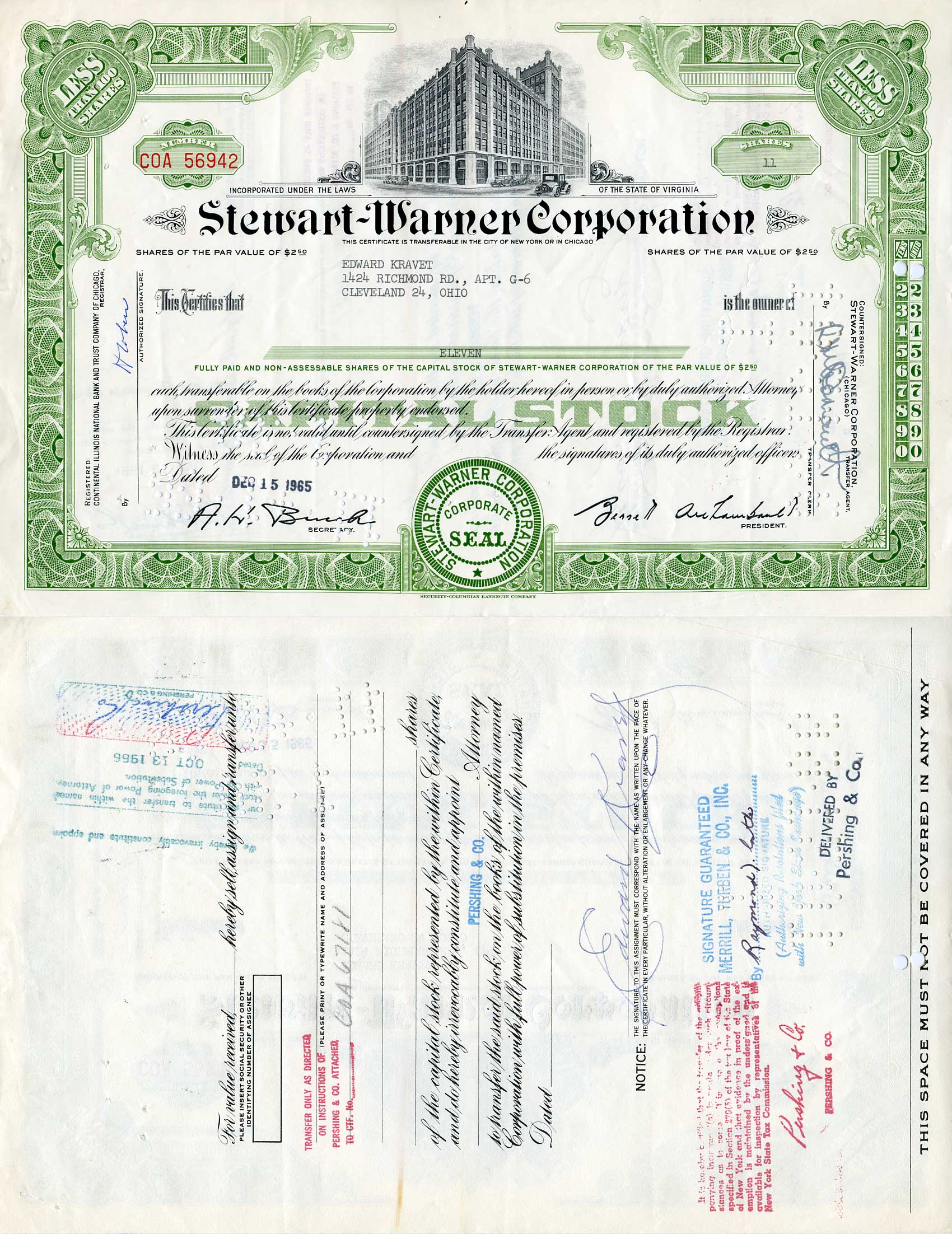 США 11 акций 1965 Стюарт-Уорнер, Stewart-Warner Corporation, производство автомобильных приборов   бумага   5547-12-2-2