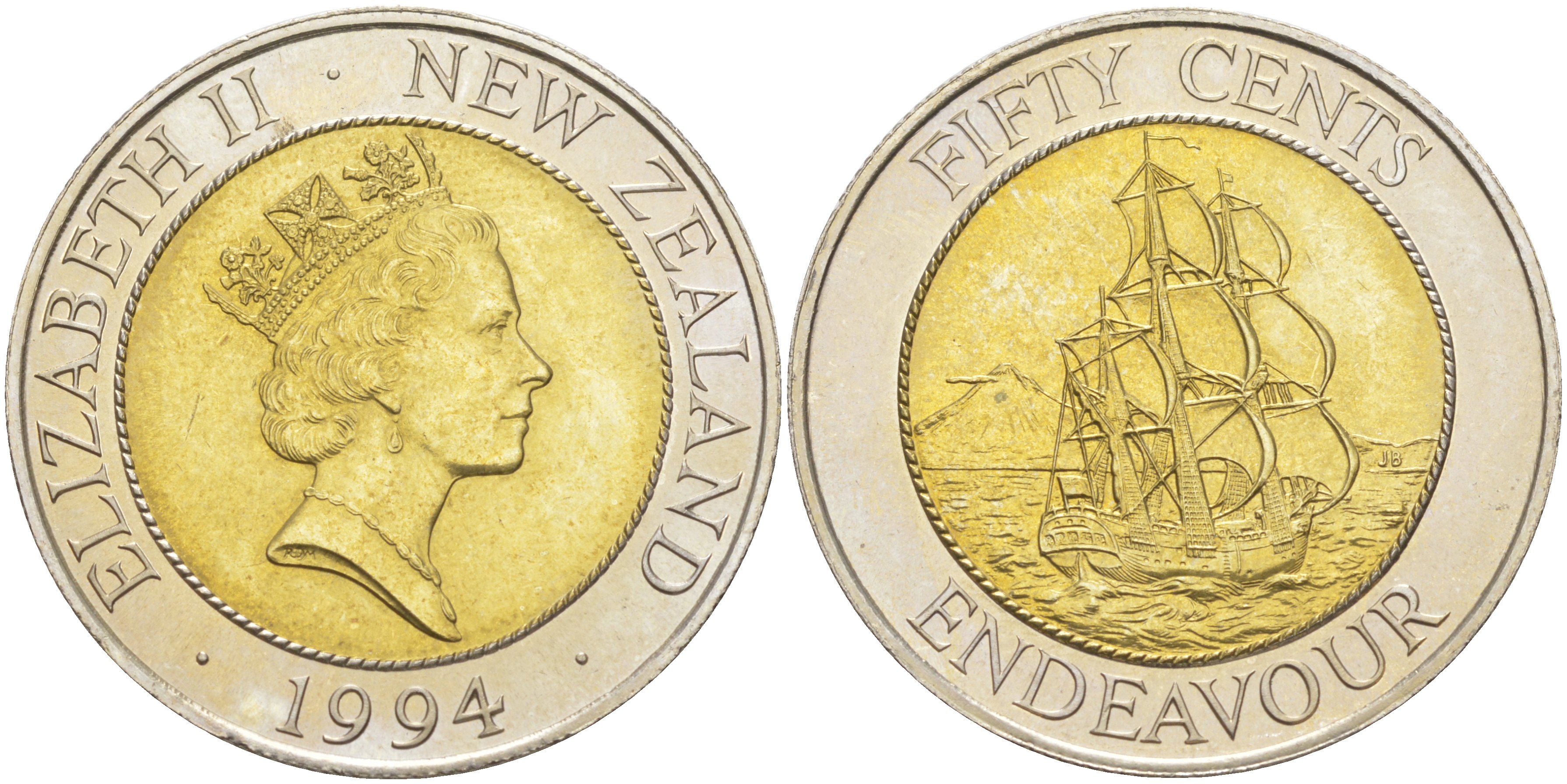 Новая Зеландия 50 центов 1994 Елизавета II (1952-2022), парусник Индевор KM 90 биметалл UNC 1522-1344