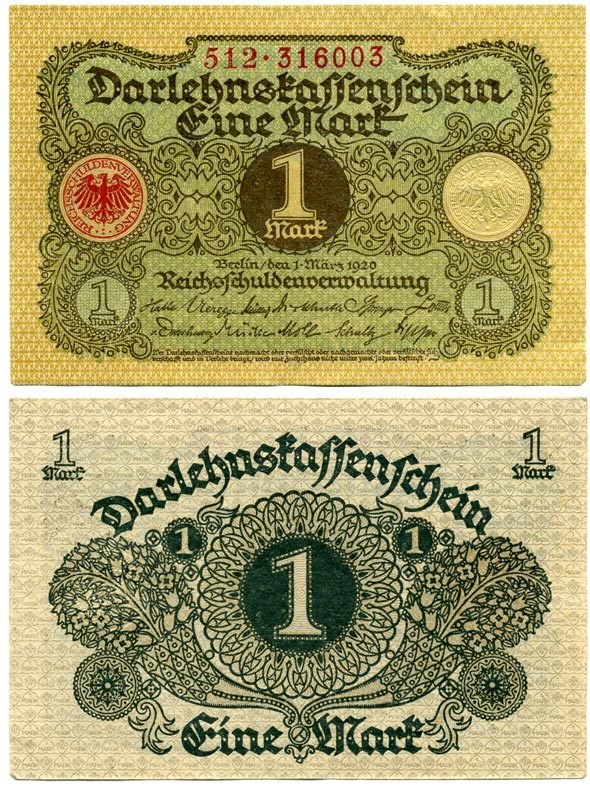 Германия 1 марка 1920 1 марта 1920, Веймарская республика Pick 58, Розенберг 64 бумага аUNC 7547-12-2