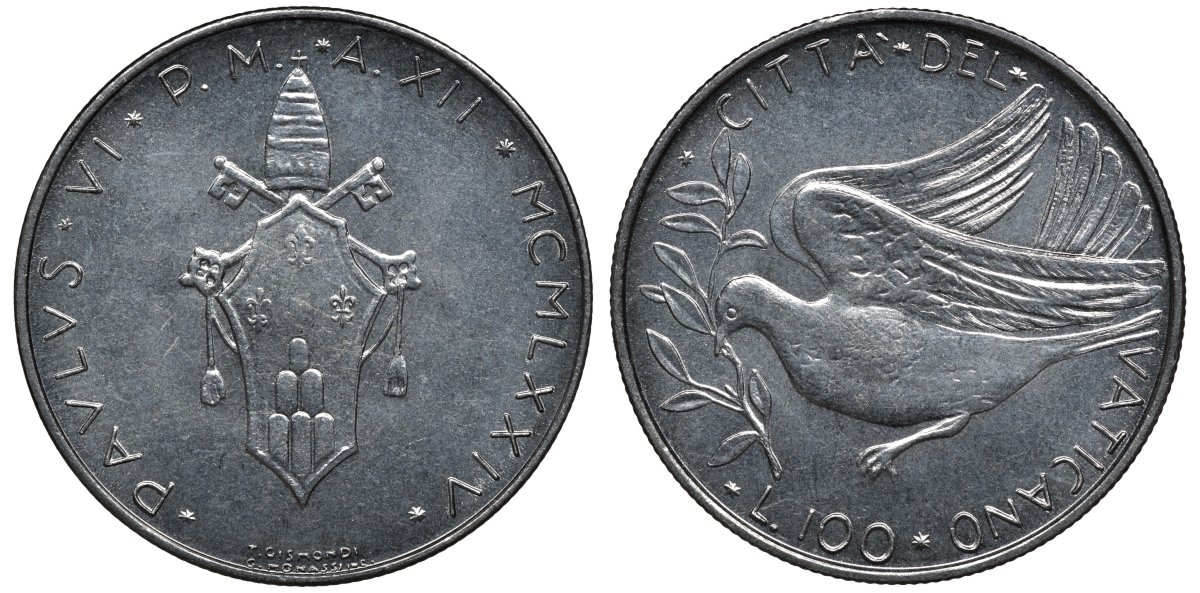 Ватикан 100 лир 1974 голубь, папа Павел VI (1963-1978) KM 122 нержавеющая сталь UNC 4579-646