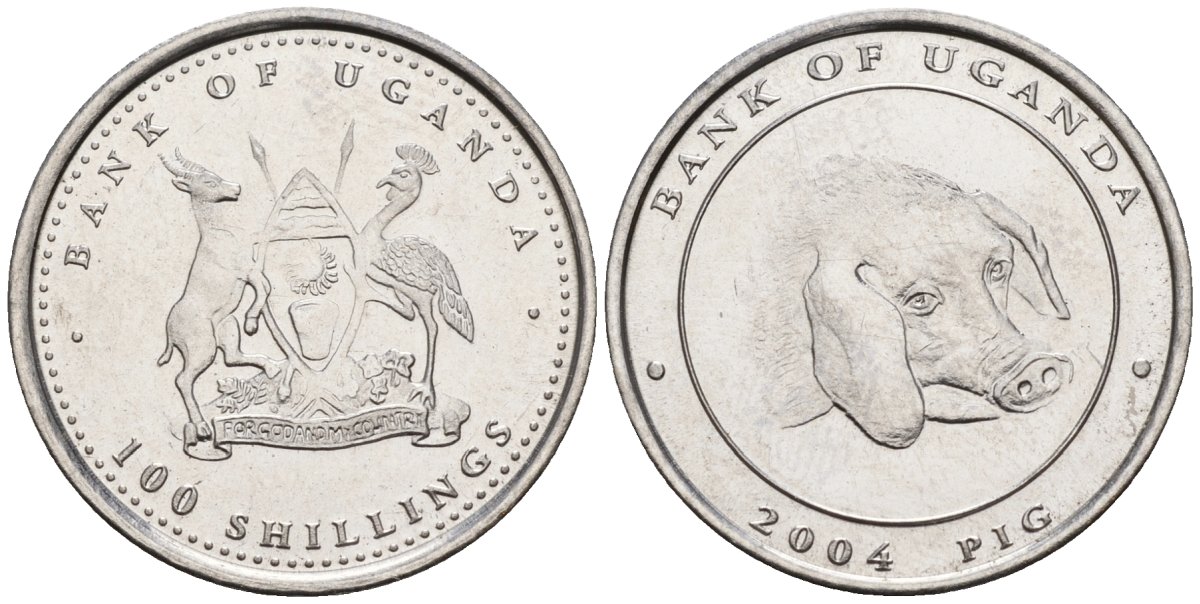 Уганда 100 шиллингов 2004 серия лунный календарь, год свиньи KM 145 сталь UNC M58-05