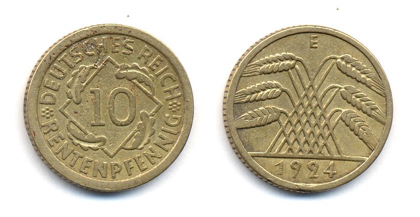 ГЕРМАНИЯ 10 РЕНТЕНПФЕННИГОВ 1924 E KM 33, J. 309, Weege 8 алюминиевая бронза 35-726