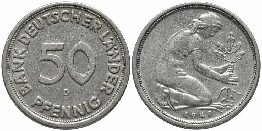 ФРГ 50 пфеннигов 1949 D KM 104, J. 379 медно-никель 112-161
