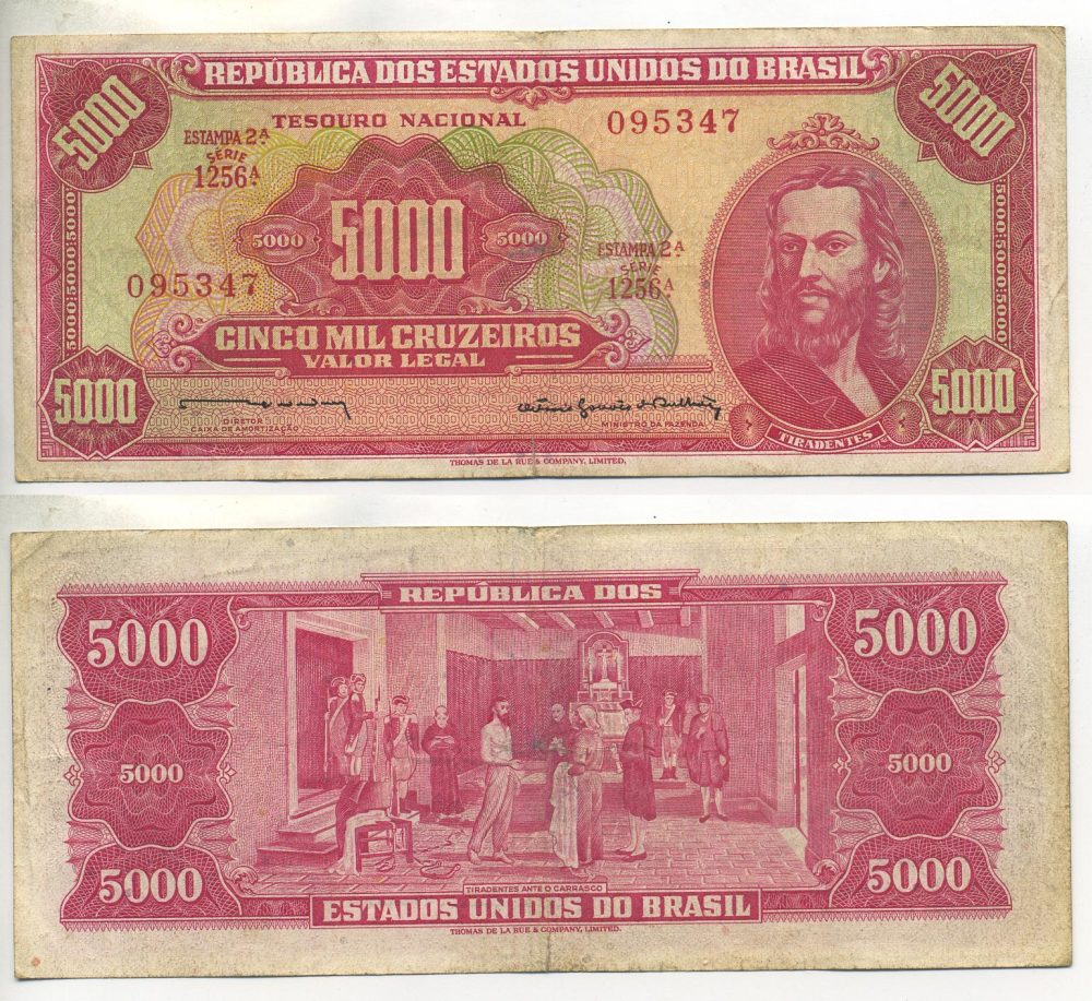 БРАЗИЛИЯ 5000 КРУЗЕЙРО 1964 ТИРАДЕНТЕС, БРАЗИЛЬСКИЙ РЕВОЛЮЦИОНЕР, ПОДПИСЬ 13 Pick 182b бумага 7552-53-4