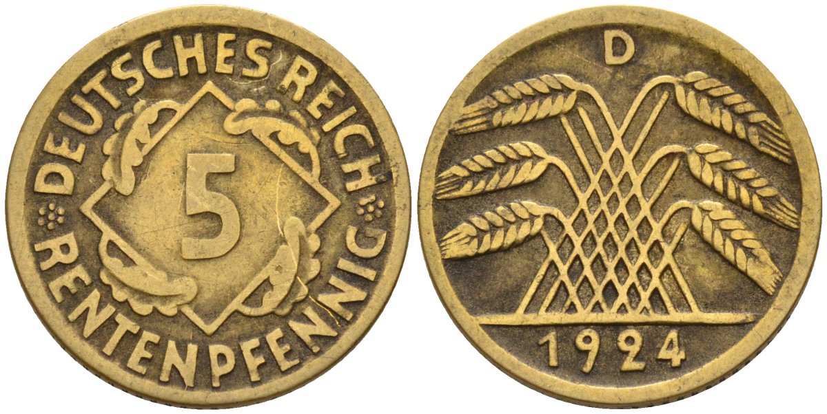 Германия 5 рентенпфеннигов 1924 D KM 32, J. 308 алюминиевая бронза 4151-665