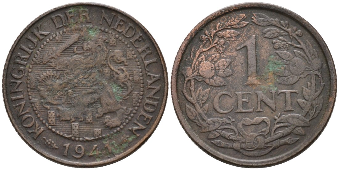 Нидерланды 1 цент 1941 Вильгельмина (1890-1948) KM 152 бронза 46-1015