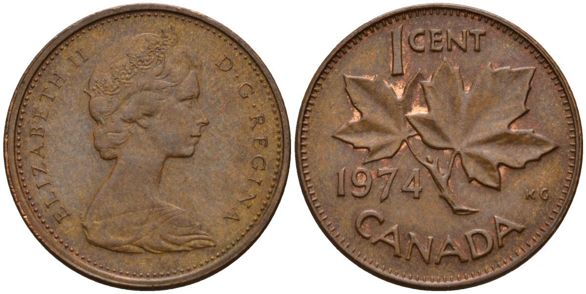 Канада 1 цент 1974 Елизавета II (1952-2022), кленовый лист KM 59.1 бронза 4189-529