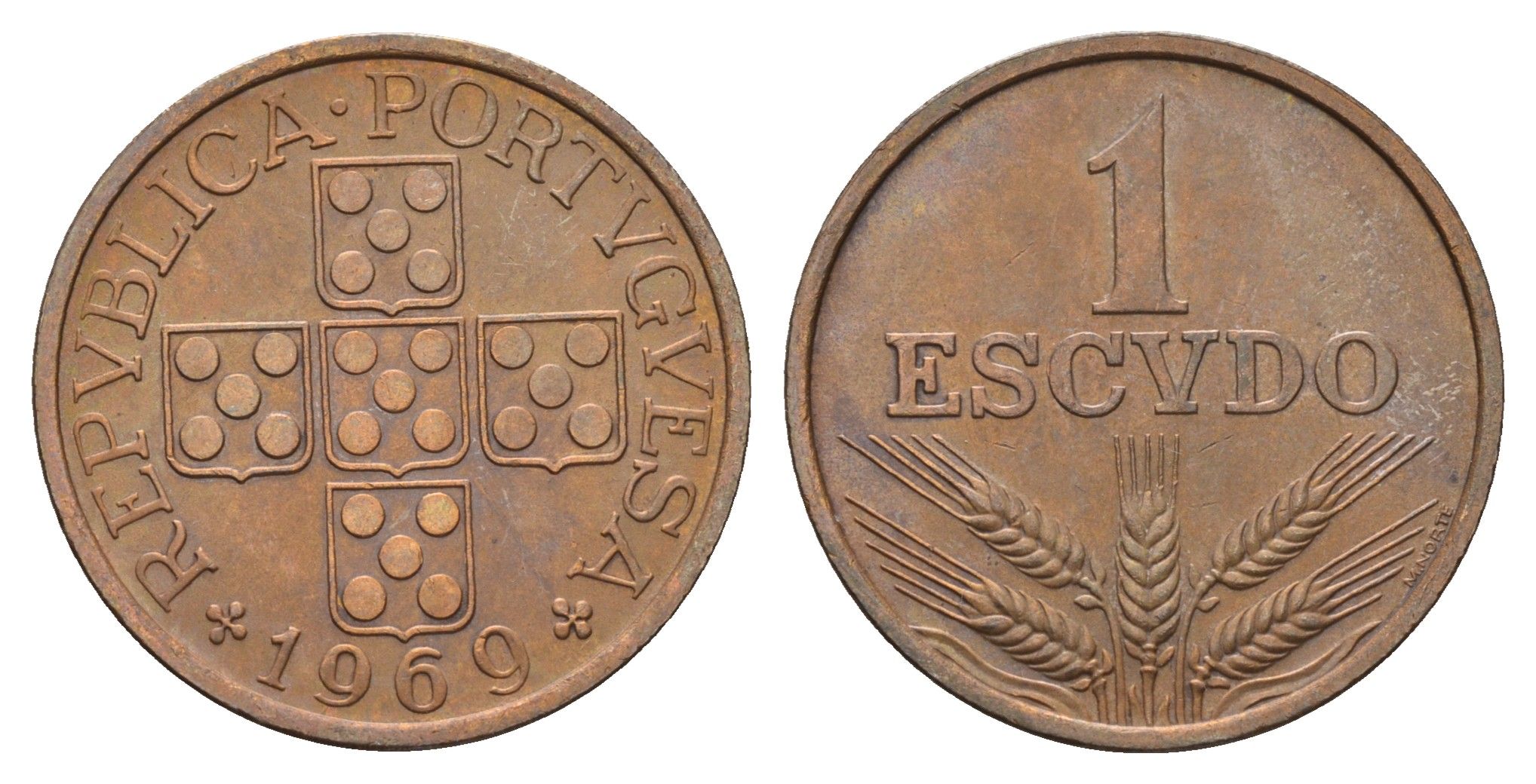 Португалия 1 эскудо 1969 первый год KM 597 бронза 4678-744