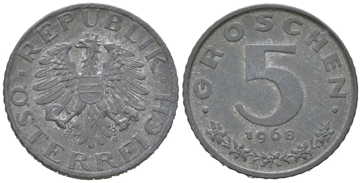 Австрия 5 грошей 1968 KM 2875 цинк aUNC 3955-735