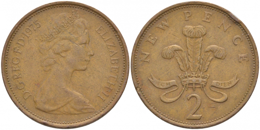 Великобритания 2 пенса 1975 Елизавета II (1952-2022) KM 916, Spink 4235 (C1) бронза 77-141