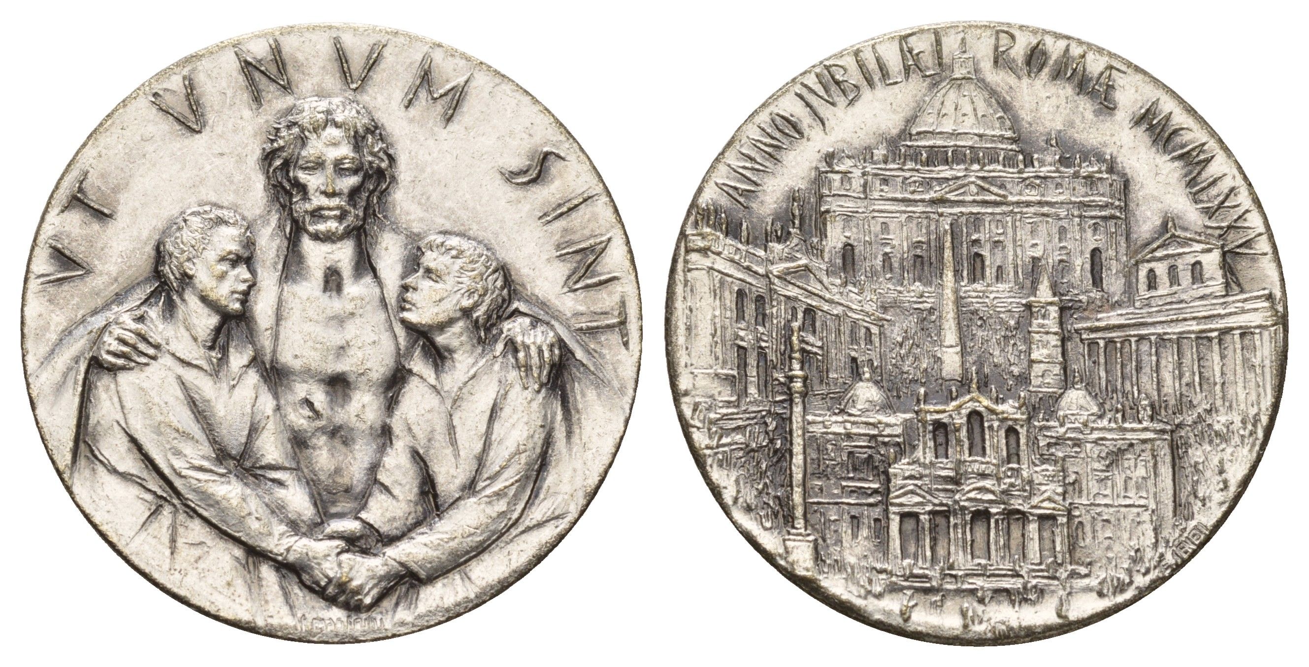 Ватикан медаль в честь объявление Папой Римским Павлом VI Юбилейного года (Anno Santo) 1975 Христос обнимает двух мужчин. (Христианское единство), Базилики Рима, диаметр 34 мм, вес 16,2 гр латунь плакированный серебро 4120-126