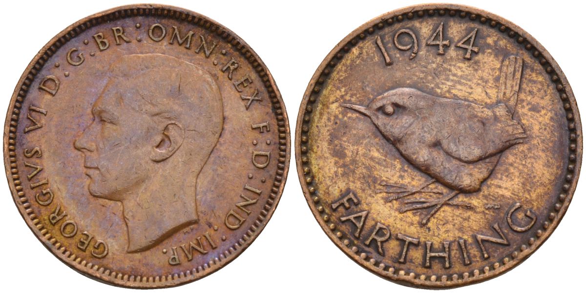 Великобритания 1 фартинг 1944 Георг VI (1936-1952) KM 843, Spink 4116 бронза 4115-655