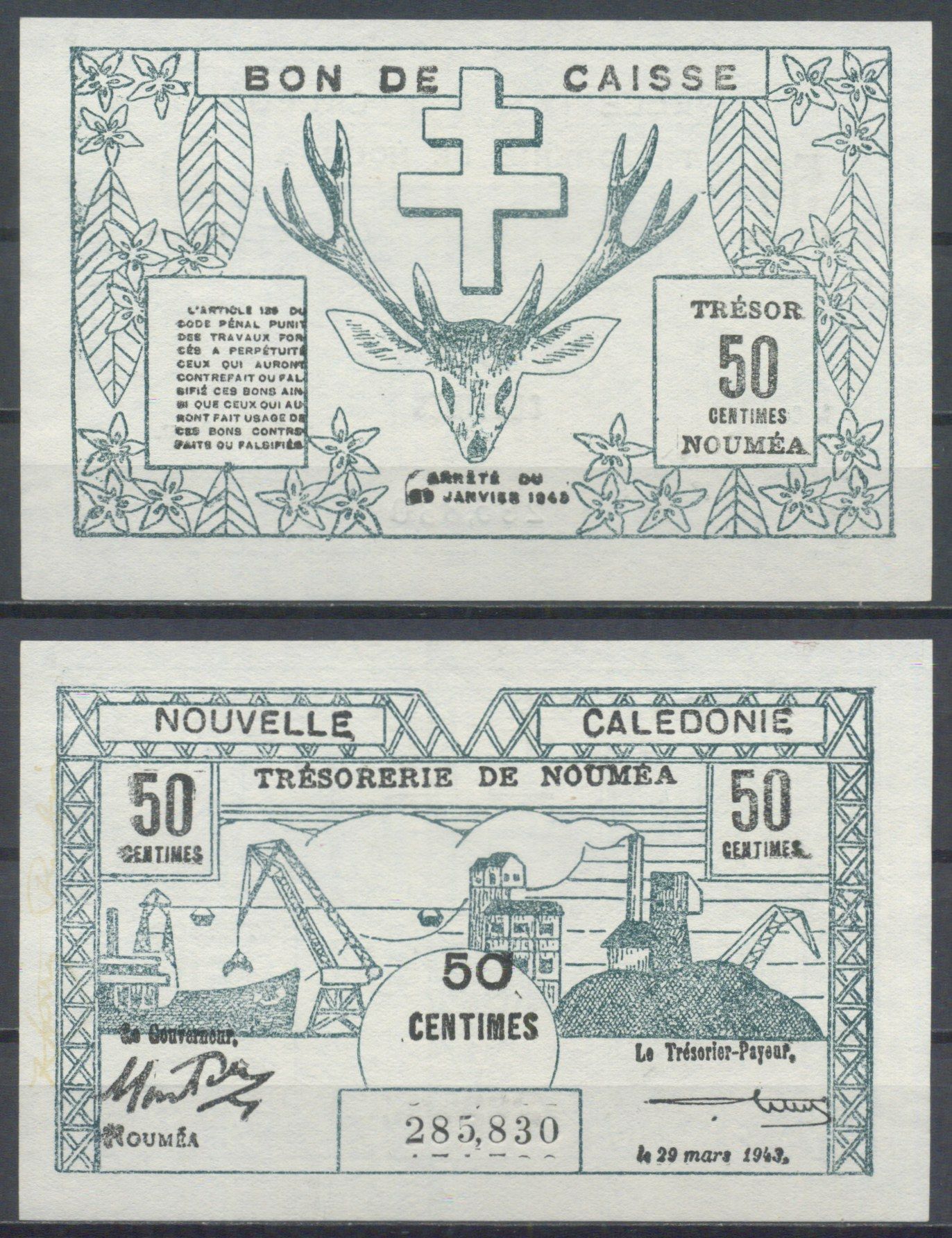 Новая Каледония 50 сантим 1943  Pick 54  бумага  UNC (пресс) 7221-46-1-2