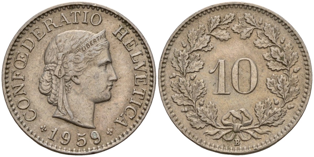 Швейцария 10 раппенов 1959 B KM 27 медно-никель 4189-353