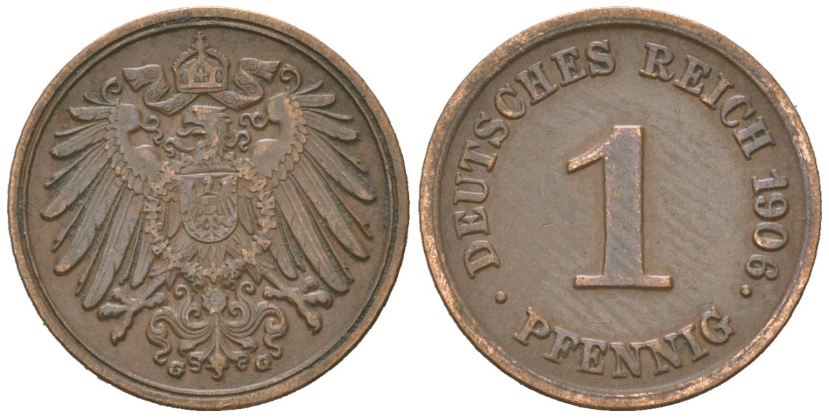 Германия 1 пфенниг 1906 G, Вильгельм II (1888-1918) KM 10, J. 10 медь 4615-717