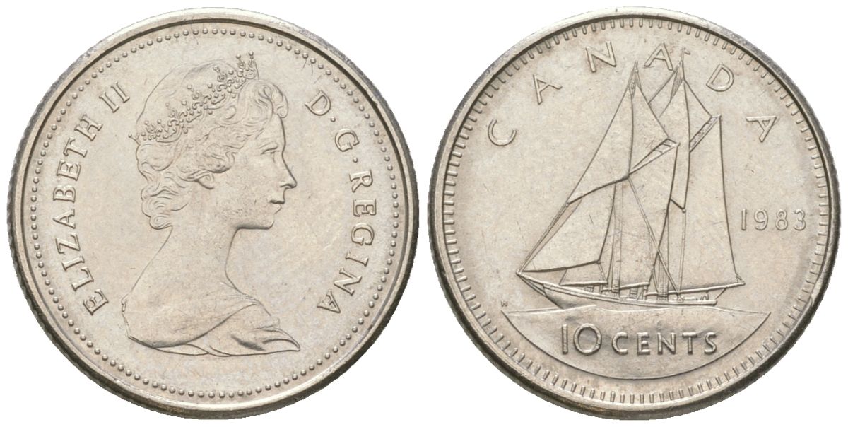 Канада 10 центов 1983 Елизавета II (1952-2022), парусник KM 77 никель 4617-937