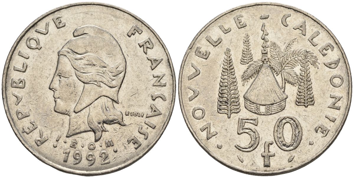 Французская Новая Каледония 50 франков 1992 хижина среди сосен и пальм, (IEOM) KM 13, Schoen 15, Lec 121 никель 4123-325