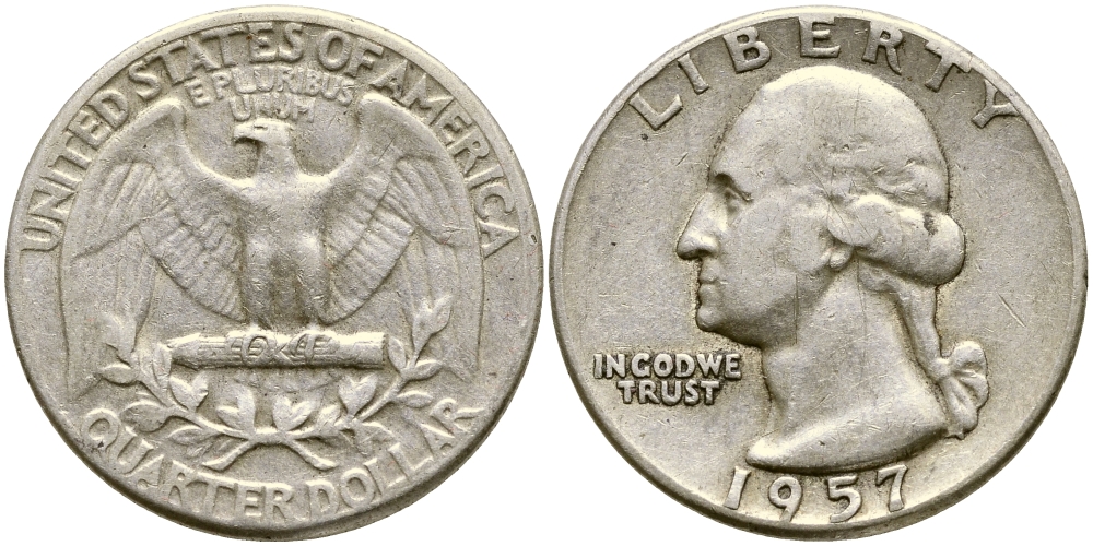 США 25 центов = квотер 1957 Вашингтон KM 164 серебро 4388-414