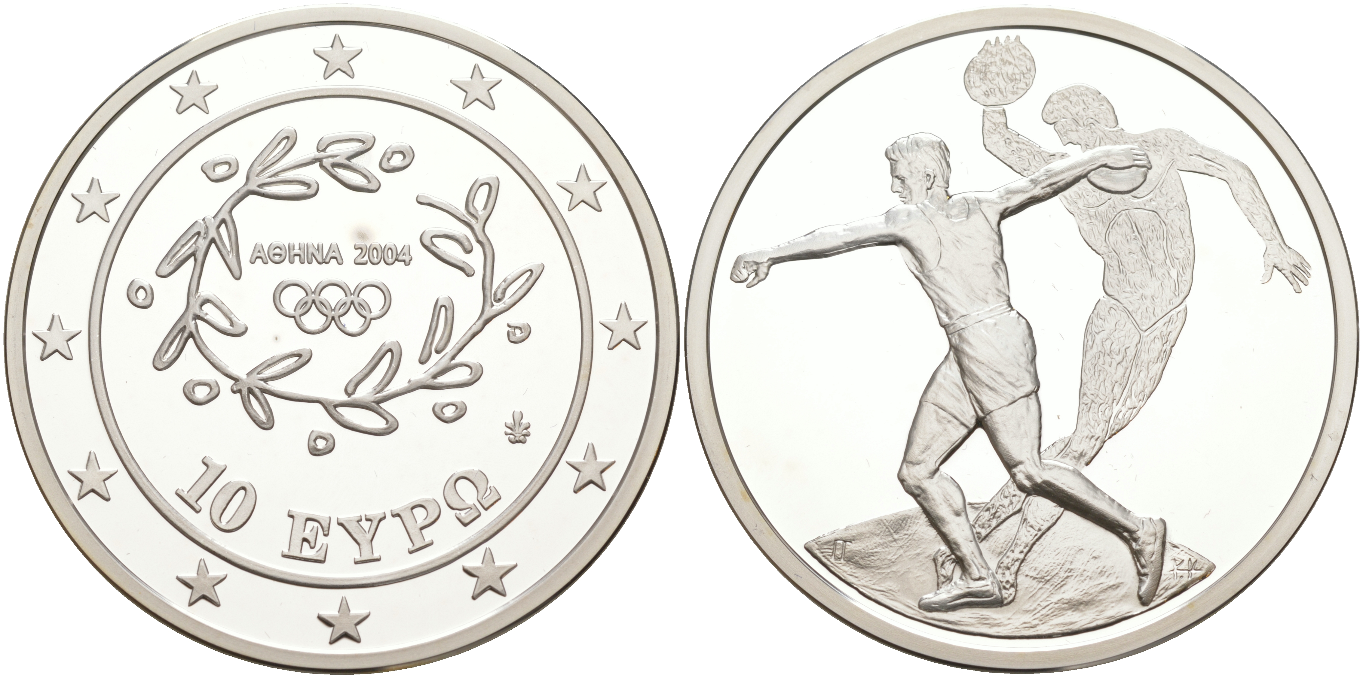 Греция 10 евро 2003 XXVIII летние Олимпийские игры 2004 года в Афинах, метание диска, дискобол KM 191 серебро PROOF 1074-9-32