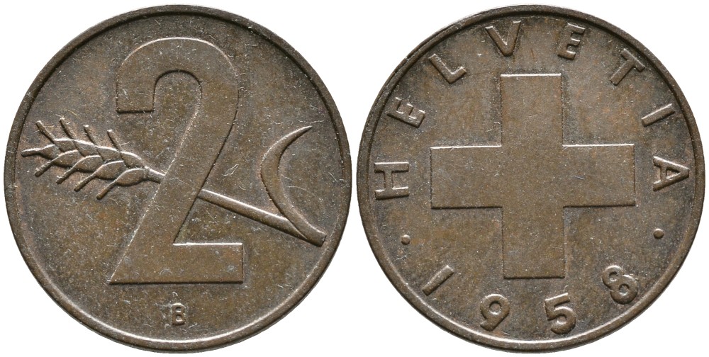 ШВЕЙЦАРИЯ 2 РАППЕНА 1958 В KM 47 бронза 4539-423