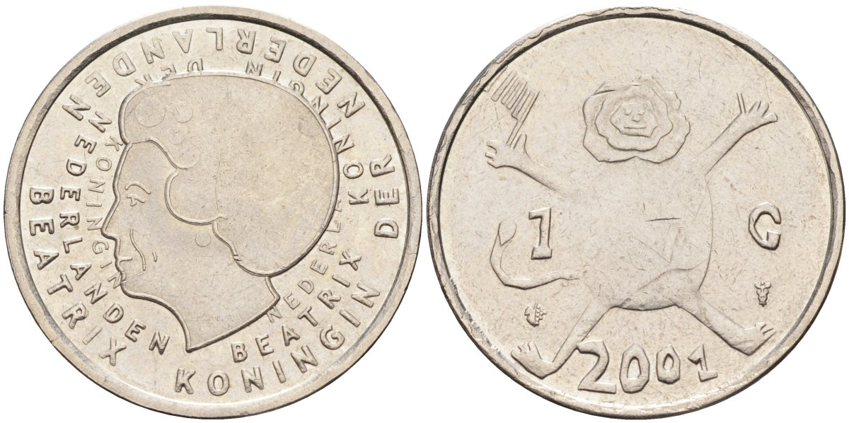 Нидерланды 1 гульден 2001 прощай гульден, детский рисунок, лев с флагом в руках KM 223 никель 4175-253