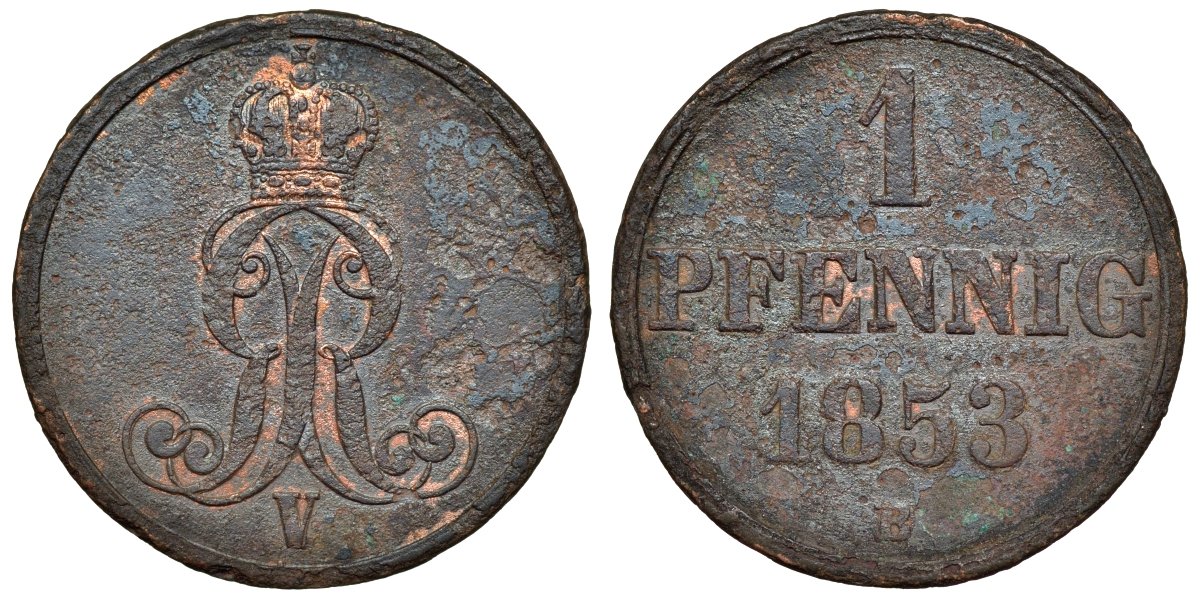 Ганновер 1 пфенниг 1853 B, Георг V KM 221, AKS 155, J. 83 медь 4594-456