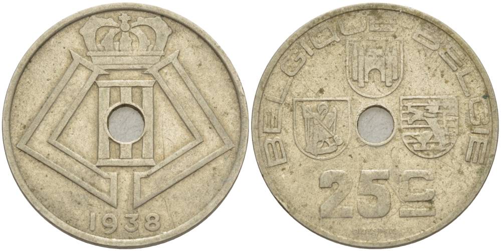 БЕЛЬГИЯ 25 САНТИМОВ 1938 BELGIQUE-BELGIE, ГЕРМАНСКАЯ ОККУПАЦИЯ, ВТОРАЯ МИРОВАЯ ВОЙНА KM 114.1 никель латунь 4544-1224