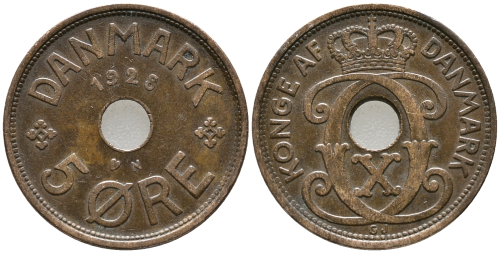ДАНИЯ 5 ЭРЕ 1928 N; GJ, КРИСТИАН X (1912-1947) KM 828.2 бронза 32-334