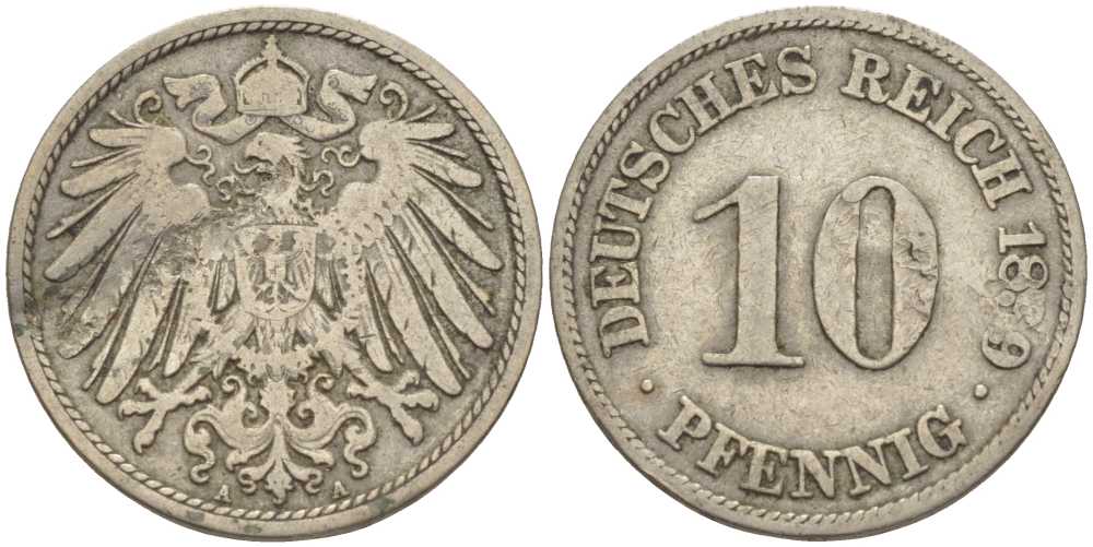 ГЕРМАНИЯ 10 ПФЕННИГОВ 1899 A KM 12, J. 13 медно-никель 4401-1045