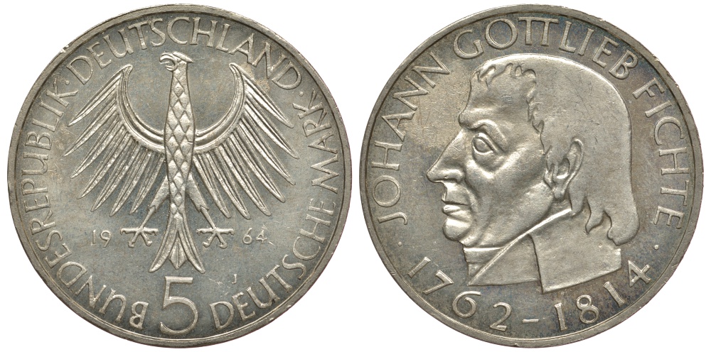 ФРГ 5 марок 1964 J, 150 лет со дня смерти Иоганна Готлиба Фихте J. 393, KM 118.1 серебро aUNC 3896-1232
