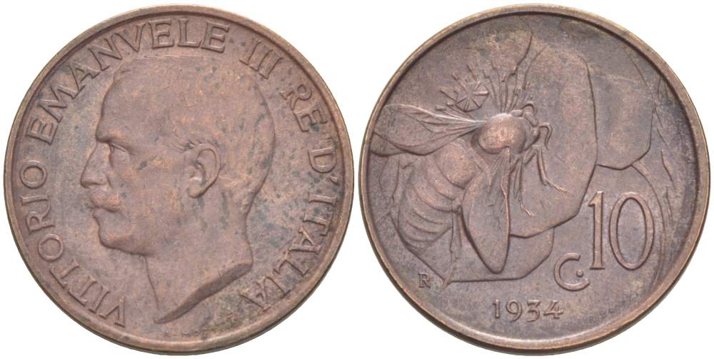 ИТАЛИЯ 10 ЧЕНТЕЗИМО 1934 R, МОНДВОР РИМ, ВИКТОР ЭММАНУИЛ III (1900-1946) KM 60 медь 4525-323