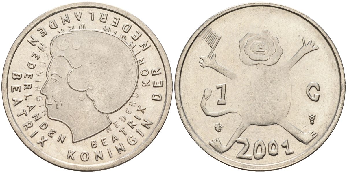 Нидерланды 1 гульден 2001 прощай гульден, детский рисунок, лев с флагом в руках KM 233 никель 65-817