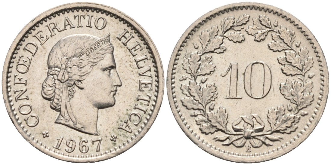 Швейцария 10 раппенов 1967 В KM 27 медно-никель 4564-967