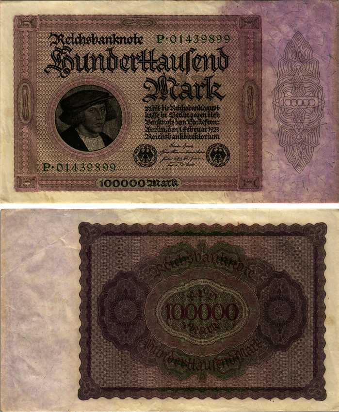 ГЕРМАНИЯ 100000 МАРОК 1923 1 ФЕВРАЛЯ 1923, БЕЗ Т ПОД ПОРТРЕТОМ Pick 83a бумага 7183-25-1