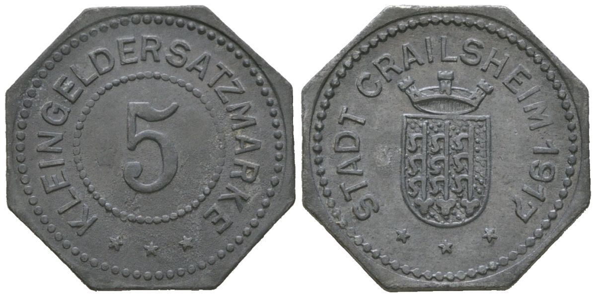 Крайльсхайм (Вюртемберг) 5 пфеннингов 1917 Funck 83.1, Men05 4682.1, Men18 5886.1 цинк 1515-121