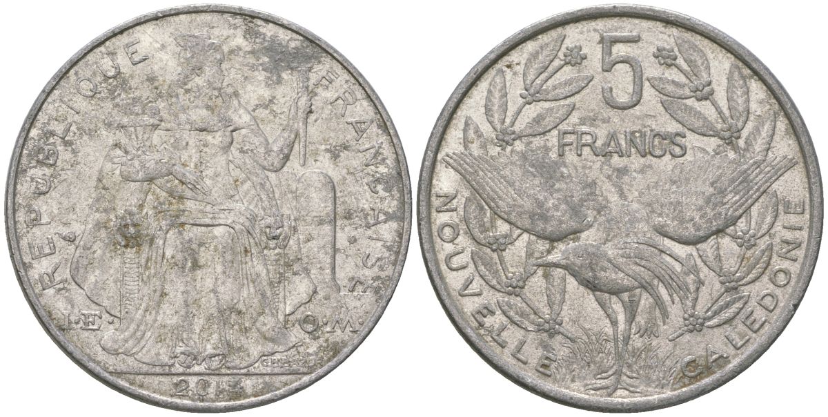 Французская Новая Каледония 5 франков 2014 птица кагу, (IEOM) KM 16, Schoen 12, Lec 81k алюминий 4117-941