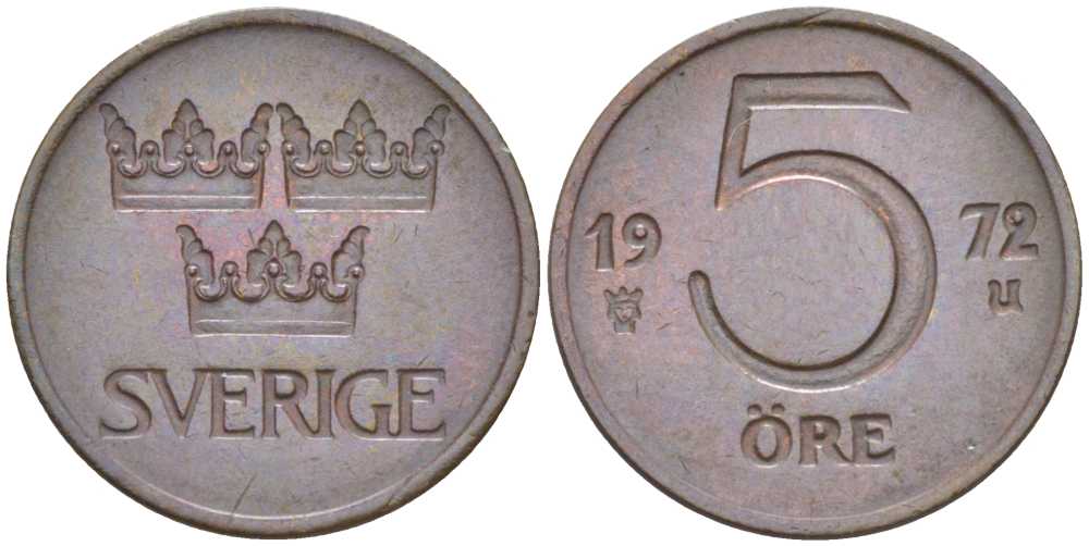 Швеция 5 эре 1972 U, Густав VI Адольф (1950-1973) KM 845 бронза 176-845