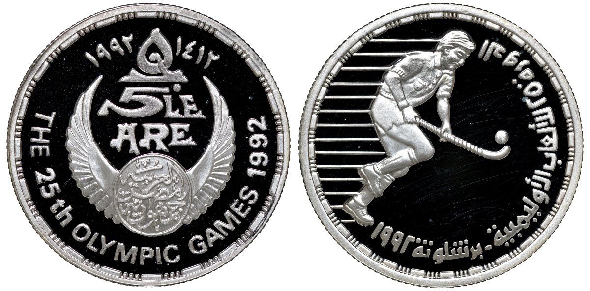 Египет 5 фунтов 1992 XXV Олимпийские игры в Барселоне 1992 года, хоккей на траве KM 707 серебро PROOF 11-177-32