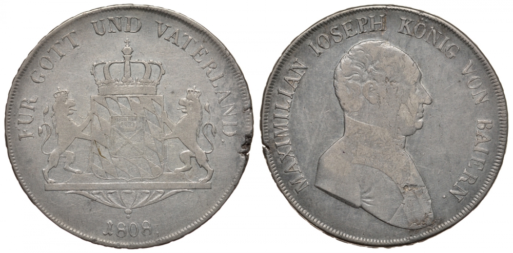 Бавария 1 талер 1808 Максимилиан I Иосиф (1799-1806-1825) Thun 43, AKS 48 серебро 00-809-14