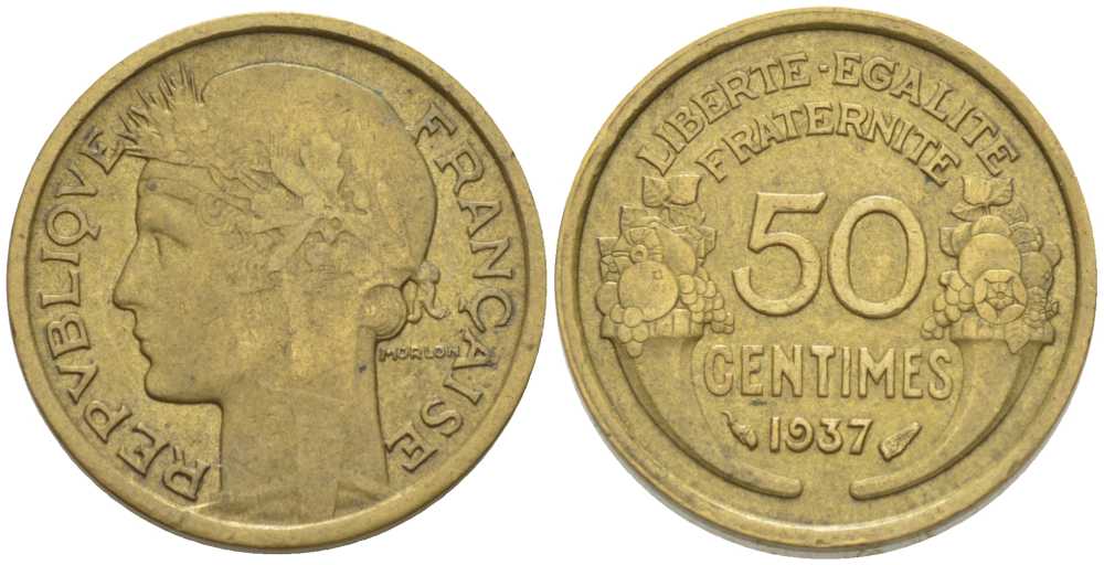 ФРАНЦИЯ 50 САНТИМОВ 1937 ТИП MORLON KM 894.1, LE FRANC 192.13 алюминиевая бронза 201-857